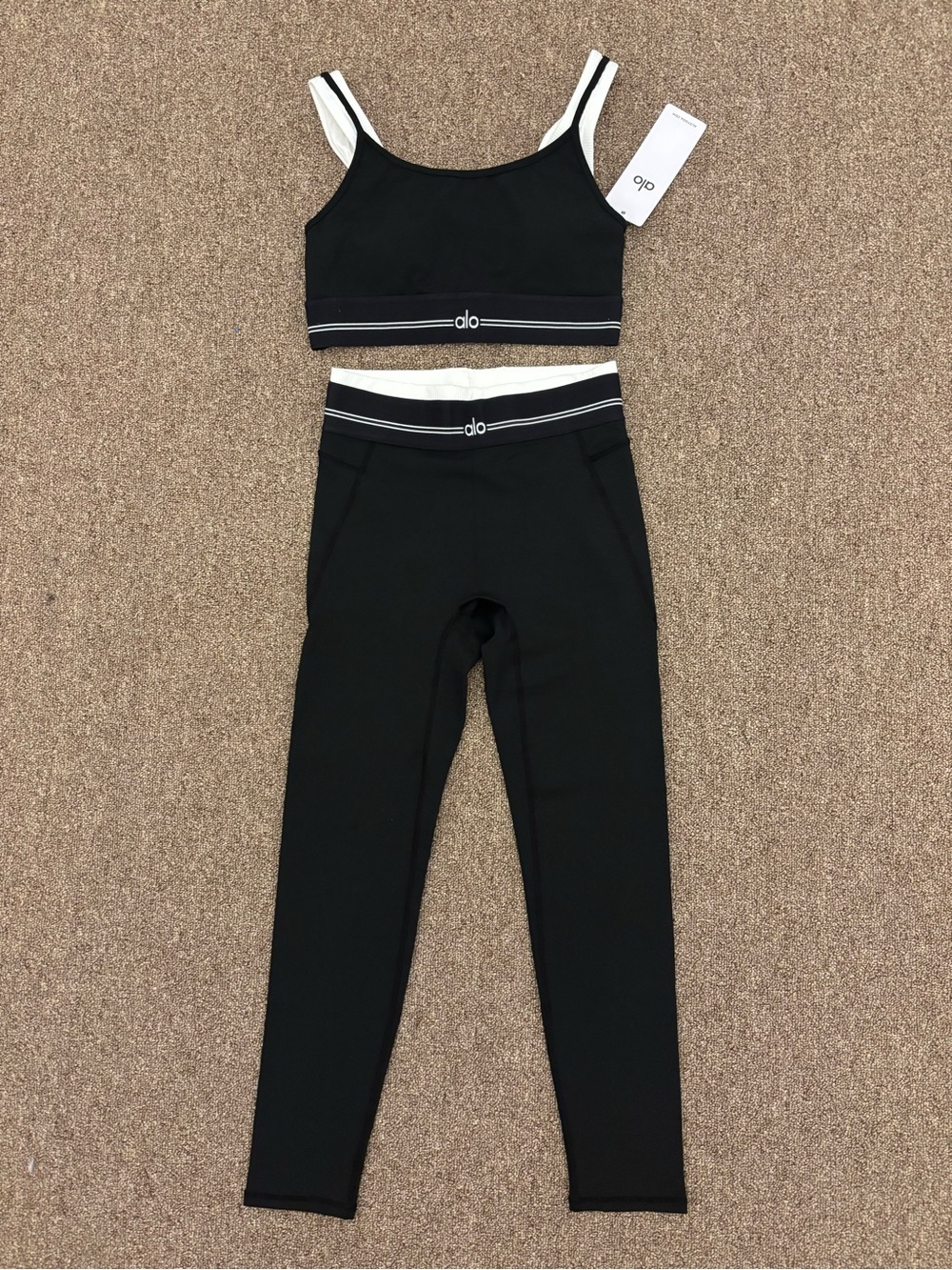 ALO Yoga Black & White Striped Waist Legging and Bralette Set